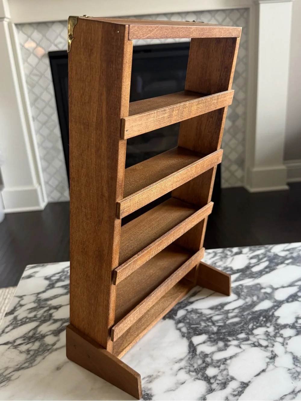Vintage Wood Countertop Shelf Brass Corner Accents Tabletop Organizer 10x17x5